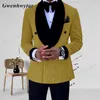 Мужские костюмы Blazers Gwenhwyfar Gold/Royal Blue/Black Gliter Свадебное смокинг Slim Fit Shoors Mens Suits с двойной грудью с брюками 2 штуки 230505