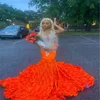 Luxury Orange Mermaid Prom Dress Black Girls With Crystal Embellishment Florals Evening Gowns Extra Rhinestone Tight Formal Birthday Party Vestidos De Fiesta 2023