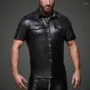 Herren Freizeithemden Herren PU Leder Slim Tops T-Shirts Schwarz Kurzarm Mode Kleidung Clubwear Bühnennacht Kostüme