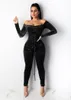 Women's Jumpsuits & Rompers Jumpsuit Women Off Shoulder Bodycon Long Sleeve Clubwear Romper Sexy 2023 Autumn Female Velvet Lace Up PlaysuitW