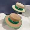 Cappelli a tesa larga a secchiello Cappello di paglia verde con rilegatura in pelle verde top piatto da donna estate vacanza al mare sole 230504