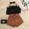 Clothing Sets 16Y Kids Girls Summer Clothes Sets Baby Sleeveless Plush Sling Tank Tops PU Leather Short Pants with Belt Children Outfits 230504