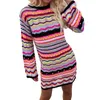 الفساتين غير الرسمية Wsevypo Bohemian Color Block Strided Cont -Crochet Suptists Dress Autumn Women Long Sleeve Crew Neck Mini Bodycon Dress 230505