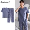 Mäns sömnkläder Summer Cotton Men Pyjama sätter kort ärm långa byxor avslappnad loungewear för pojke lyxiga sömnkläder V-ringar eleganta herrkläder 230505