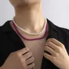 Kedjor trendiga mäns smycken kreativ personlighet rosa kubansk kedja med pärla dubbel lager man halsband mode hip hop accessorie