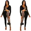 Tweedelige broek voor dames sexy luipaard patchwork night party 2 set club outfits voor vrouwen lange mouw v-neck crop top en potlood matching sets