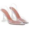 avec boîte de mode Amina Muaddi Sandales Talon Femmes Lupita Mules Métalliques PVC Sangle Supérieure Célèbre Dames Designer Clair Été Cristal Transparent Vin Coupe Talons Dames