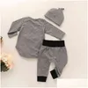 مجموعات الملابس المولودة طفل رومبير 3pcs قبعة رمادي بوي بويز بويز طويلة الأكمام infan bebe bodysuit climbing cotton conttion g1028 drop تسليم dhn2l