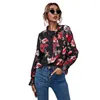 Blouses Femme Femmes Automne Puff Manches Longues Chemisier En Mousseline De Soie Élégant Noeud Noué Cou Chemises Imprimées Florales Froncé Poignets À Volants Casual Lâche