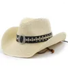 Breda brim hattar tjej strand hatt sommarnit bälte panama cowboy cap lady casual trilby fedora manlig halm uv skydd sombrero