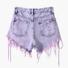 Kvinnors höga midja tvättade burrs minikvinnor båda sidor slipsar lila kort gata sexig mode tassel denim shorts jeans z0505