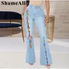 Böden Plus Size Sexy Asymmetric Ribbon Lace Up Flare Jeans 4XL Club Party Super Stretchy Skinny Denim Taschen Hosen Schlaghosen