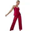 Women's Sleepwear Burgundy Women Sleep Set 2PCS Pajamas Suit Lingerie Loungewear Summer Satin Strap Top&Pants Pyjamas Home Clothing