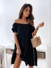 Abiti casual Sexy Slash Neck Pieghettato Mini Party Dress Estate Donna Moda Fasciatura elastica Abiti a tunica manica corta HY 230505