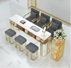 アイアンアートネイルアートテーブルと椅子セット強化ガラスカウンタートップシングルダブルトリプル