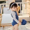 Mädchen Badebekleidung Kinder ein Stück ein Stück Feste Farbe lang Ärmeln Badeanzug Spitze süßes Baby