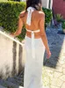 Women's Swimwear 2023 White Crochet Tunic Sexy Halter Hollow Out High Cut Bodycon Party Dress Women Summer Clothes Beach Wear Cover Up A1291 T230505