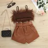 Clothing Sets 16Y Kids Girls Summer Clothes Sets Baby Sleeveless Plush Sling Tank Tops PU Leather Short Pants with Belt Children Outfits 230504