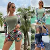 Swimsuit Conservative Sun Protection Long Sleeve High Waist Split Boxer Tankini For Women