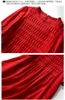 Summer Red Solid Color Ruched Silk Dress 1/2 Half Sleeve Round Neck Kne-Lengen Casual Dresses C3A250108