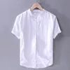 Mäns casual skjortor män bomullslinne kort ärm skjorta stativ krage linne vanlig casual skjorta litterär linne skjorta män 230505