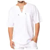 Hommes t-shirts hommes décontracté coton lin couleur unie col en V Chemise Simple à lacets à manches courtes haute qualité Homme Chemise