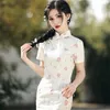 Ethnic Clothing Summer Retro Side Eight Buttons Lace Cheongsam Chinese Classic Elegant Short Sleeve Women's Chiffon Qipao Daily Dress