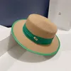 Brede rand hoeden emmer groene stro hoed groen lederen bindende bovenkant platte dames zomer strand vakantie zon 230504