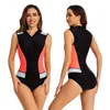 Wetsuits Drysuits Women Sleeveless Striped Print Zip Front Rash Guard One Piece Swimsuit Athletic Swimwear Bathing Suit High Cut Beachwear J230505