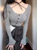 Women's T Shirts Deeptown Y2K Striped Bandage Long Sleeve T-shirts Women Korean Fashion Corset Slim Button Tops Female Egirl Coquette Sexy