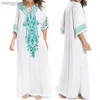 Kvinnors badkläder 2023 Indie Folk broderad kortärmad sommarklänning Cotton Tunic Beach Kaftan Women Beachwear Swimsuit Cover Up Robe de Plage T230505