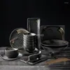 Plates 2/4/6 Person Japanese Dinner Set Ceramic Retro Black Matte Color Restaurant Products Elware