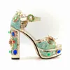 Retro Jewel-ozdobione metalowe skórzane sandały na platformie haft masywne obcasy sukienka bankietowa buty duży rozmiar 10