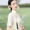Ethnic Clothing Summer Champagne Cheongsam Mid Long Dress Vintage Show Wedding Costume Lace Elegant Dresses