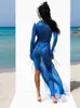 Casual Kleider Sexy Mesh Rüschen Schnürkleid für Frauen Durchsichtig Bandage Langarm V-Ausschnitt Schlitz Dünne Kleider Beach Party Lady Outfits 230505