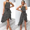 Abiti casual 2023 Estate Donna Boho Abito senza maniche O Collo Dot Sexy Beach Tunica Arco Pieghe Gonna al ginocchio da donna Spalle scoperte