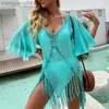 Dames badmode 2021 Beach Cover Up Haak gebreide Tassel Tie strandkleding Tuniek Lange Pareos Zomerzwempak Cover Up Sexy doorzichtige strandjurk T230505