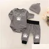 مجموعات الملابس المولودة طفل رومبير 3pcs قبعة رمادي بوي بويز بويز طويلة الأكمام infan bebe bodysuit climbing cotton conttion g1028 drop تسليم dhn2l