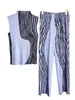 Womens Two Piece Pants summer womens turtleneck striped vest suit Miyak folds Fashion Large Size Slim Fit Vest Straight Twopiece Set 230505