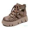 Sandals 2023 Summer Fashion Shoes Women Retro Genuine Leather Wedges Platform Peep Toe High Heel Black