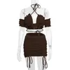 Dress Summer Sexy Solid Two Piece Sets for Women Ruched Halter Off Shoulder Crop Top Drawstring Skirts 2022 New Hot Sale Items