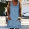 Robes décontractées Anti-boulochage Élégant Pure Color Summer Faux Denim Dress Robe d'été respirante Col rond pour un usage quotidien P230505