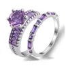 Anéis de casamento Hainon Fashion 2 PCs/set Purple Crystal Ring Jewelry Silver Color for Women Engagement Bridal Setswedding