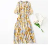 2023 Summer Yellow Print Beaded Silk Dress 1/2 Half Sleeve V-Neck Panelled Elastic Waist Midi Casual Dresses C3A250173