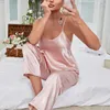 Women's Sleepwear Burgundy Women Sleep Set 2PCS Pajamas Suit Lingerie Loungewear Summer Satin Strap Top&Pants Pyjamas Home Clothing