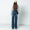 Women's Jeans Casual Straight Women Streetwear High Waist Pockets Back Button Denim Pants Long Trousers