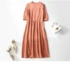 Summer Red Solid Color Ruched Silk Dress 1/2 Half Sleeve Round Neck Kne-Lengen Casual Dresses C3A250108