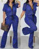 Women's Two Piece Pants Summer Fashion Print Set Casual Zipper Short-sleeved Shirt Flared Suit Outfit 230504