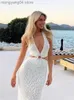 Women's Swimwear 2023 White Crochet Tunic Sexy Halter Hollow Out High Cut Bodycon Party Dress Women Summer Clothes Beach Wear Cover Up A1291 T230505