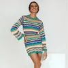 الفساتين غير الرسمية Wsevypo Bohemian Color Block Strided Cont -Crochet Suptists Dress Autumn Women Long Sleeve Crew Neck Mini Bodycon Dress 230505